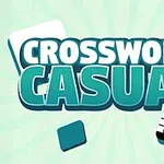 Tekst i blå og hvit typografi som sier Crossword Casual med brikker og en kryssordbit i bakgrunnen