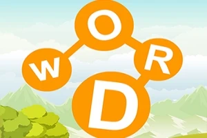 Oransje sirkler som former ordet WORD foran et fjellandskap med blå himmel