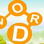 Oransje sirkler som former ordet WORD foran et fjellandskap med blå himmel