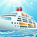 Et stort hvitt cruiseskip med røde skorsteiner seiler på havet under en solfylt himmel med en fugl i bakgrunnen