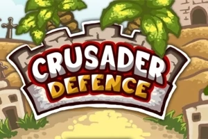 Logo med teksten Crusader Defence i en fargerik, tegneserieaktig stil med palmer og mursteinsvegger i bakgrunnen