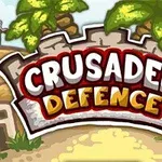 Logo med teksten Crusader Defence i en fargerik, tegneserieaktig stil med palmer og mursteinsvegger i bakgrunnen
