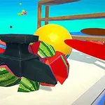 En ambolt knuser en vannmelon i en fargerik scene ved sjøen, med en gul ball og rød surfebrett i bakgrunnen