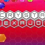 Fargerike sekskantede krystaller med teksten Crystal Hexajong på rød bakgrunn