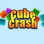 Logo med teksten Cube Crash i oransje og svarte bokstaver, omringet av fargerike, gjennomsiktige firkanter på en lys blå bakgrunn