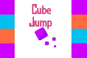 Teksten Cube Jump vises med en rosa kube og mindre kuber på en hvit bakgrunn, omgitt av fargerike striper i lilla, blå og oransje