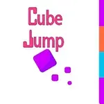 Teksten Cube Jump vises med en rosa kube og mindre kuber på en hvit bakgrunn, omgitt av fargerike striper i lilla, blå og oransje