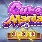 Fargerik tekst med ordet “Cube Mania” over tre ruter med epleikoner og bakgrunn i blåtoner