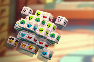 Flytende kube med terninger som viser ulike emoji-symboler, inkludert pandaer, romvesener, kaktuser og smilefjes