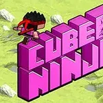 Tredimensjonal rosa tekst med ordene CUBE NINJA på en grønn bakgrunn, med en liten figur øverst til venstre
