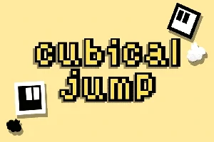 Teksten cubical jump i pikselstil med to kuber med ansikter og en lys beige bakgrunn