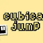 Teksten cubical jump i pikselstil med to kuber med ansikter og en lys beige bakgrunn