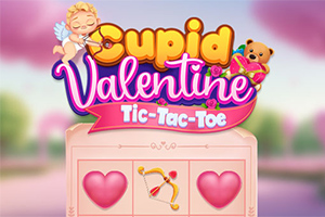 Teksten Cupid Valentine Tic-Tac-Toe med et bakgrunnsbilde av et amorbue og rosa hjerter, omringet av en amorfigur og en teddybjørn