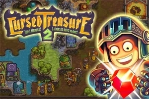 Logoen til Cursed Treasure 2 med en smilende figur i rustning som holder en rød juvel, og et detaljrikt kart i bakgrunnen