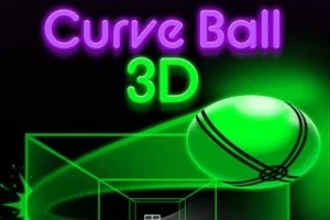 Neonfargede bokstaver i lilla og grønt skriver Curve Ball 3D over en lysende grønn ball i et geometrisk rom med mørk bakgrunn