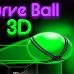 Neonfargede bokstaver i lilla og grønt skriver Curve Ball 3D over en lysende grønn ball i et geometrisk rom med mørk bakgrunn
