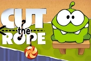 Grønn, tegneserieaktig skapning med store øyne sitter på en benk ved siden av teksten Cut the Rope med en hengende godteri