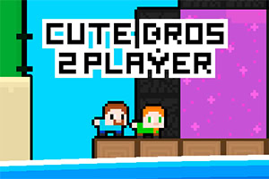 To pixelkarakterer står ved siden av hverandre på et platformspillnivå, med teksten CUTE BROS 2 PLAYER over dem