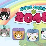 Tegnefilmaktige katteansikter med ulike tallverdier, en regnbue i bakgrunnen, og teksten Cute Cats 2048