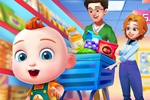 En tegnet scene med en smilende baby, en mann og en kvinne som handler mat i en dagligvarebutikk, med en handlevogn fylt med varer som druer og melk