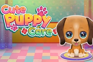 Tegneserieaktig valp med store øyne sitter på en fargerik gulvmatte med teksten Cute Puppy Care i bakgrunnen