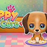 Tegneserieaktig valp med store øyne sitter på en fargerik gulvmatte med teksten Cute Puppy Care i bakgrunnen
