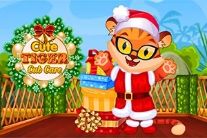 En tegnet tigerunge iført nissehatt og briller står på en bro med gaver, omgitt av grønne planter og en julekrans med teksten Cute Tiger Cub Care
