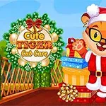 En tegnet tigerunge iført nissehatt og briller står på en bro med gaver, omgitt av grønne planter og en julekrans med teksten Cute Tiger Cub Care