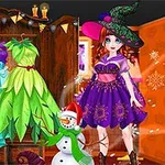 En illustrasjon av en kvinne i en fargerik hekselignende kjole, omringet av forskjellige kjoler på hengere og en snømannfigur inne i et dekorert rom med Halloween-tema