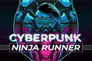 Futuristisk illustrasjon av en person i en cyberpunk-stil med blått og rosa lys, iført en maske og techno-utstyr med teksten CYBERPUNK NINJA RUNNER