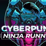 Futuristisk illustrasjon av en person i en cyberpunk-stil med blått og rosa lys, iført en maske og techno-utstyr med teksten CYBERPUNK NINJA RUNNER