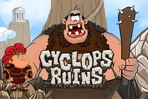 En stor, sint kyklop med en kølle står ved siden av en liten kriger i rustning foran en fjellbakgrunn med teksten Cyclops Ruins