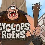En stor, sint kyklop med en kølle står ved siden av en liten kriger i rustning foran en fjellbakgrunn med teksten Cyclops Ruins