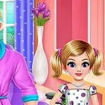 En animert mann med skjegg i en lilla morgenkåpe ved siden av en liten jente med lyst hår i musefletter og en kjole med polkaprikker, i et fargerikt rom med blomster i bakgrunnen