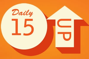 Siluett av en sirkel med teksten Daily 15 ved siden av en pil som peker oppover med teksten UP, på en oransje bakgrunn