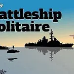 Silhuetten av et krigsskip på havet ved solnedgang med teksten Daily Battleship Solitaire øverst i bildet