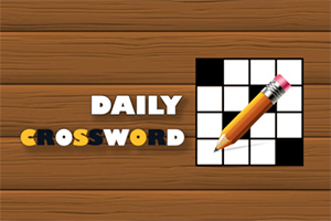 Trebakgrunn med ordene Daily Crossword og en blyant som peker mot et rutemønster