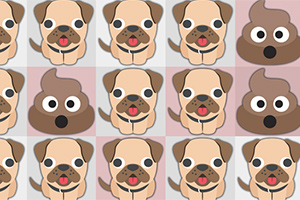 Tegneserieillustrasjon av alternerende rekker med søte pugs og brun emoji-lignende avføring