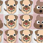 Tegneserieillustrasjon av alternerende rekker med søte pugs og brun emoji-lignende avføring