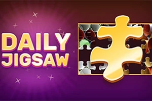 Gul puslespillbrikke ved siden av teksten Daily Jigsaw på en lilla bakgrunn med stjerner