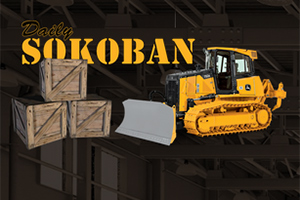 En gul bulldoser ved siden av tre stablede trekasser, med teksten Daily Sokoban i bakgrunnen
