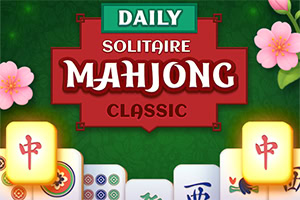 Tekst på en rød bakgrunn med ordene Daily Solitaire Mahjong Classic, omgitt av blomster og mahjongbrikker