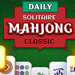 Tekst på en rød bakgrunn med ordene Daily Solitaire Mahjong Classic, omgitt av blomster og mahjongbrikker