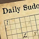 Papir med en sudoku-oppgave og teksten Daily Sudoku, samt en fjærpenn til høyre