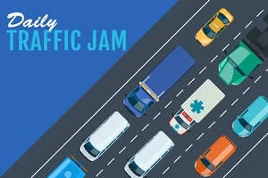 Illustrasjon av biler i kø på en flerfelts motorvei, sett ovenfra, med teksten Daily Traffic Jam i blått