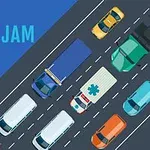 Illustrasjon av biler i kø på en flerfelts motorvei, sett ovenfra, med teksten Daily Traffic Jam i blått