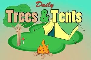Telt og bål blant trær med teksten Daily Trees & Tents