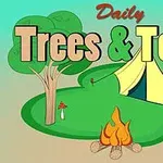 Telt og bål blant trær med teksten Daily Trees & Tents