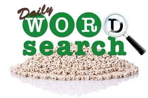 En haug med bokstavperler under teksten Daily Word Search med et forstørrelsesglass ved siden av
