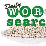 En haug med bokstavperler under teksten Daily Word Search med et forstørrelsesglass ved siden av